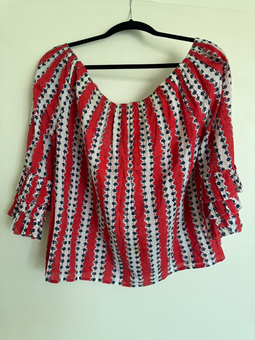 Roller Rabbit Off Shoulder Top Red Navy Block Print Ruffle Sleeve Cotton XS